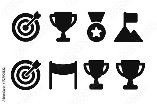 Goal Achievement Icons. Solid, filled icon set of goal achievement: target, bullseye, trophy, medal, flag on mountain, dartboard, finish line, winner cup.