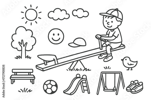 Playground Seesaw Doodle. Hand-drawn doodle illustration [seesaw seat in playground] [seesaw, child, playground, sun, tree, grass, smiley face, clouds, bench,