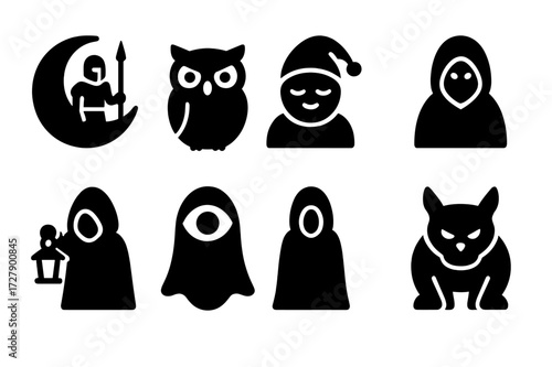 Night Guardians Icons. Solid, filled icon set of night guardians: moon watchman, night owl, dream protector, shadow sentinel, lantern bearer, ghostly eye,
