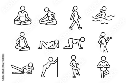 Pregnancy Workout Icons. Create a duotone illustration of an anthropomorphic bee-boy dressed only with classic sneakers and a backwards baseball cap in a