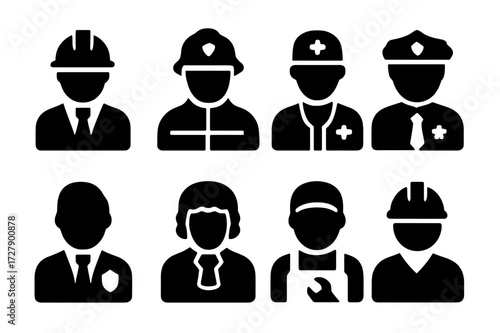 Professional Icons Grid. Solid, filled icon set of collapse participants: engineer, firefighter, medic, police, insurance agent, lawyer, technician,