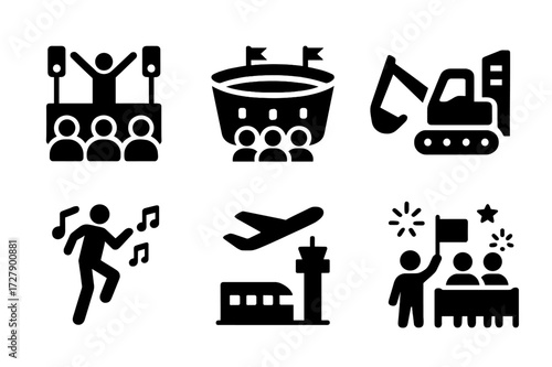 Loud Environment Icons. Solid, filled icon set of loud environments: concert, stadium, nightclub, construction site, airport, festival, rally, parade. Solid,
