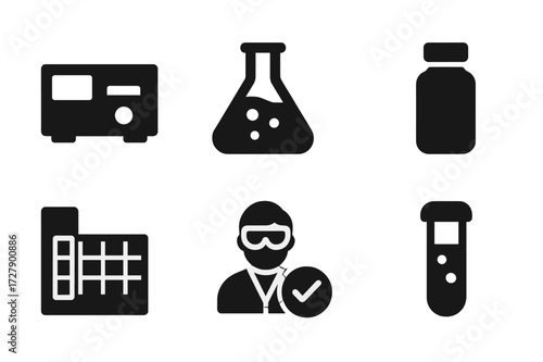 Zinc Analysis Icons. Solid, filled icon set of zinc analysis and testing: spectrometer, chemical flask, microscope, sample vial, periodic table, quality