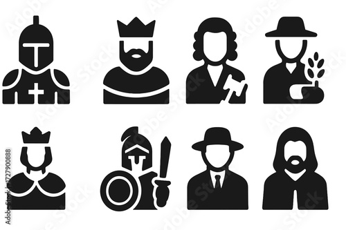 Lord Roles Icon Set. Solid, filled icon set of lord roles: knight, ruler, judge, landowner, nobleman, warrior, diplomat, advisor. Solid, filled icons in only