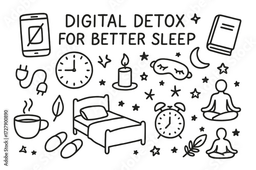 Digital Detox Doodles. Hand-drawn doodle illustration [digital detox for better sleep] [phone off icon, unplugged cable, clock, book, candle, eye mask, tea
