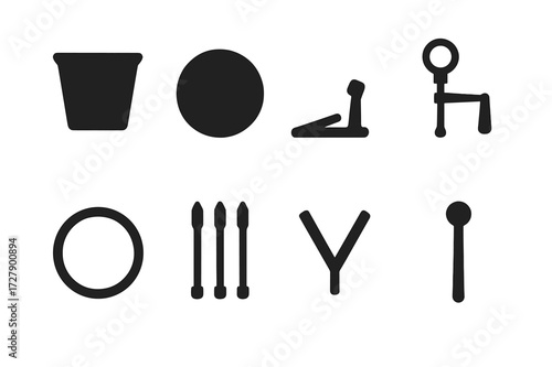 Timpani Parts Icons. Solid, filled icon set of timpani parts: drum shell, drumhead, pedal, tuning mechanism, hoop, tension rods, leg braces, mallet. Solid,