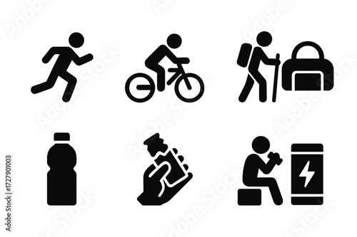 Energy Bar Icon Set. Solid, filled icon set of energy bar consumption: runner, cyclist, hiker, gym bag, water bottle, hand holding bar, snack break, energy
