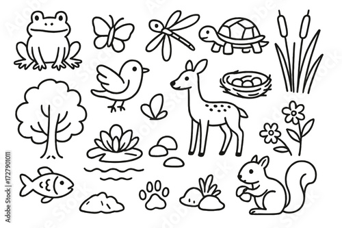 Wildlife Doodle Icons. Hand-drawn doodle illustration [wildlife around springs] [frog, fish, dragonfly, butterfly, bird, turtle, deer, reeds, water lily, nest,