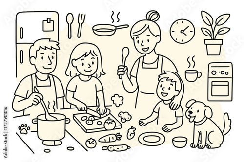 Family Cooking Doodle. Hand-drawn doodle illustration [Family cooking together] [stove, pot, pan, spoon, cutting board, vegetables, family members, apron,