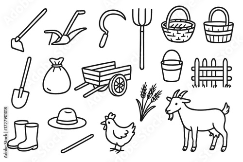 Peasant Life Tools. Hand-drawn doodle illustration peasant life tools hoe, plow, sickle, pitchfork, basket, shovel, sack, wooden cart, bucket, fence, boots,