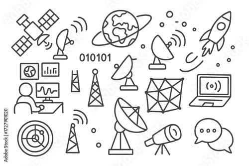 Space Communication Icons. Hand-drawn doodle illustration [space communication] [satellite, ground station, signal waves, planet Earth, orbit path, rocket,
