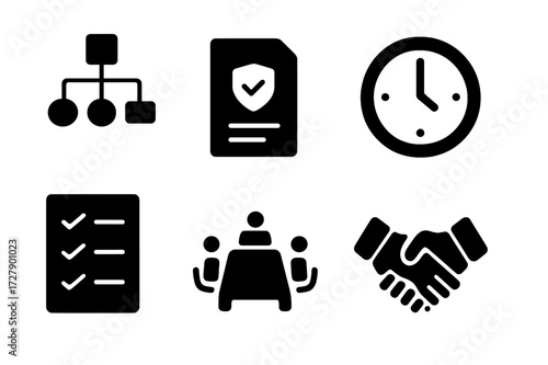 Succession Planning Icons. Solid, filled icon set of succession planning: flowchart, contract, clock, calendar, checklist, meeting table, pen, handshake.