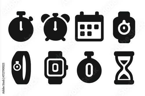Time Tool Icons. Solid, filled icon set of stopwatch related tools: timer, alarm clock, calendar, stopwatch app, fitness tracker, smart watch, countdown clock,