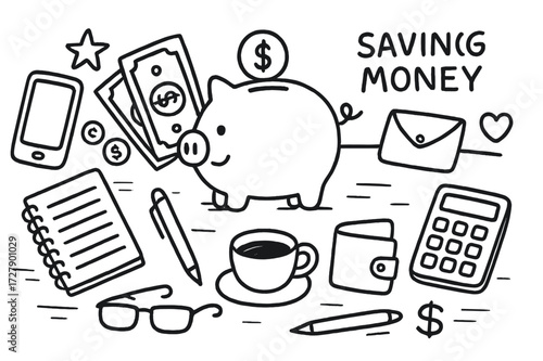 Saving Money Doodle. Hand-drawn doodle illustration saving money on a table piggy bank, bills, coins, wallet, notebook, pen, calculator, coffee cup, glasses,