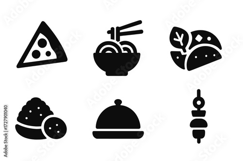 Buffet Cuisine Icons. Solid, filled icon set of buffet cuisine types: Italian, Asian, Mediterranean, Mexican, Indian, French, American, Middle Eastern. Solid,