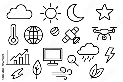Weather Elements Doodle. Hand-drawn doodle illustration digital twins for atmosphere cloud, sun, moon, star, thermometer, globe, satellite, drone, chart,