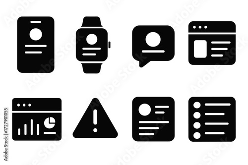 Glance Technology Icons. Solid, filled icon set of glance technology: glance screen, smartwatch glance, glance notification, glance preview, glance dashboard,