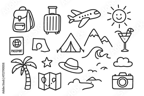 Travel Adventure Icons. Hand-drawn doodle illustration Adventure and Relaxation [backpack, suitcase, airplane, passport, tent, mountain, wave, sun, cocktail