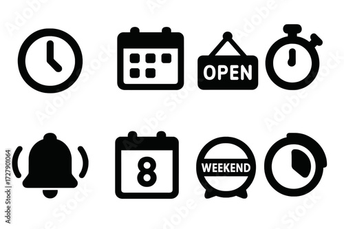 Market Schedule Icons. Solid, filled icon set of market times and schedules: clock, calendar, opening hours sign, timer, alarm bell, calendar date, weekend