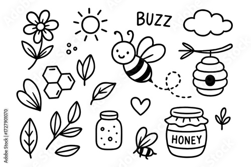 Buzzing Bee Doodle. Hand-drawn doodle illustration [buzzing bee theme] [bee, honeycomb, flower, wing, hive, buzz lines, leaf, honey jar, pollen, sun, sting,