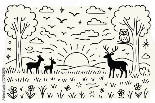 Sunset Meadow Doodles. Hand-drawn doodle illustration Meadow at Sunset sun, grass, shadows, tall trees, birds flying, deer silhouettes, stars, fading light,
