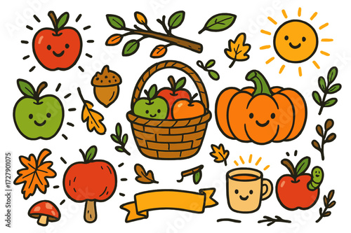 Autumn Harvest Doodles. Fall fruits. Colorful Hand-drawn doodle Children illustration Red apple, green apple, basket, tree branch, leaves, acorn, pumpkin,
