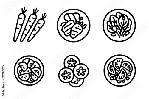Vegetable Side Dish Icons. Solid, filled icon set of vegetable side dishes: roasted carrots, grilled bell peppers, sauteed spinach, green beans almondine, beet