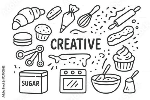 Bakery Essentials Doodles. Hand-drawn doodle illustration Creative pastry, croissant, eclair, macaron, piping bag, whisk, rolling pin, chocolate drizzle,