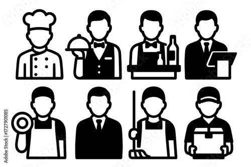 Restaurant Staff Icons. Solid, filled icon set of restaurant staff: chef, waiter, bartender, host, dishwasher, manager, cleaner, delivery person. [Line icons
