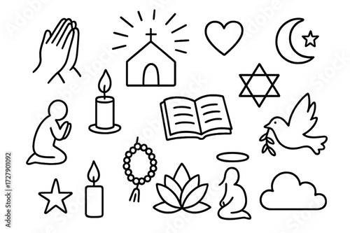 Symbols of Faith. Hand-drawn doodle illustration faithful worshippers praying hands, person kneeling, candle, open book, heart, rays of light, place of