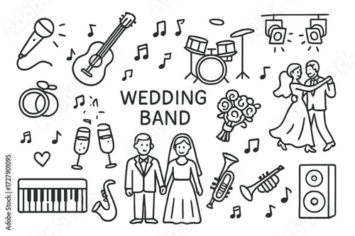 Wedding Band Doodle. Hand-drawn doodle illustration Wedding band performance microphone, guitar, drum set, keyboard, saxophone, trumpet, music notes, wedding