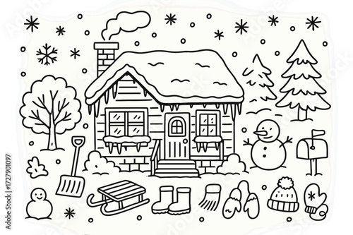 Winter Wonderland Doodle. Hand-drawn doodle illustration [home under snow] [snow-covered roof, chimney smoke, snowflakes, icicles, snowy tree, front porch,