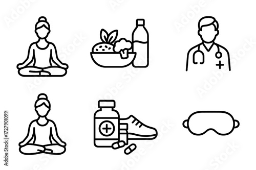 Stepmother Wellness Icons. Outline icon set of stepmother?s health and wellness: yoga pose, healthy meal, water bottle, doctor visit, meditation, vitamins,
