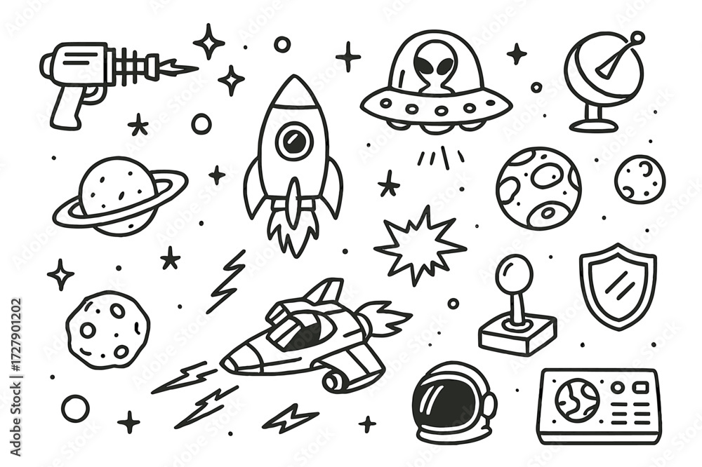 Fototapeta premium Space Battle Doodle. Hand-drawn doodle illustration spaceship battle laser gun, rocket, alien spaceship, radar, stars, planets, explosion, fire, shield,