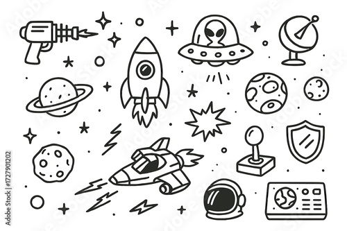 Space Battle Doodle. Hand-drawn doodle illustration spaceship battle laser gun, rocket, alien spaceship, radar, stars, planets, explosion, fire, shield,