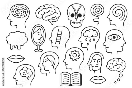 Surreal Mind Doodles. Hand-drawn doodle illustration Mind Maze head maze, floating brain, zipper skull, thought spiral, dripping thought bubble, mirror face,