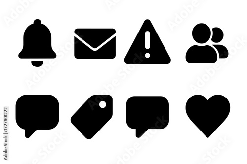 Social Media Icon Set. Solid, filled icon set of social media notifications: bell, envelope, exclamation mark, friend request, message, tag, comment, reaction.