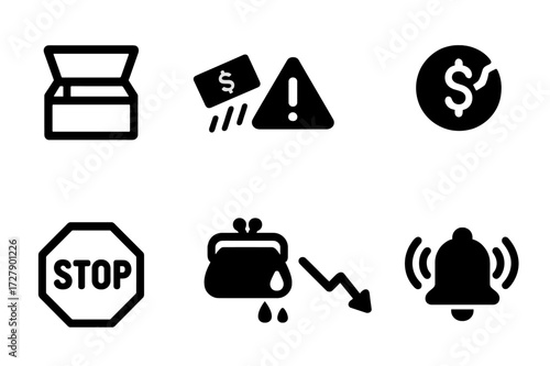 Cash Deficit Icons. Solid, filled icon set of cash deficit: empty money box, falling dollar bills, warning triangle, cracked coin, stop sign, leaking purse,
