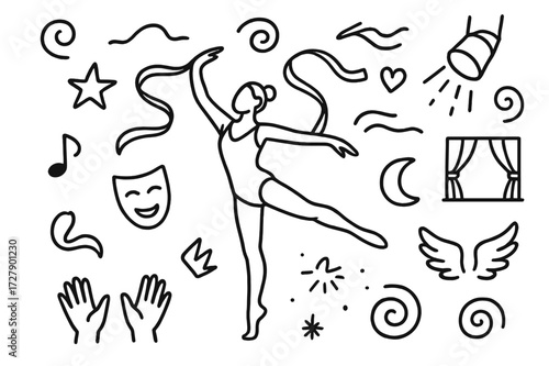 Contemporary Dance Icons. Hand-drawn doodle illustration Contemporary dance barefoot figure, swirl, ribbon, spotlight, star, heart, wave line, music note,