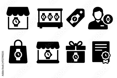 Watch Retail Icon Set. Solid, filled icon set of watch retail: storefront, display case, price tag, sales assistant, shopping bag, online store, gift box,