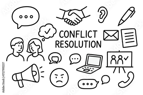 Conflict Resolution Symbols. Hand-drawn doodle illustration Conflict resolution communication, handshake, speech bubble, people talking, thought bubble, ear,