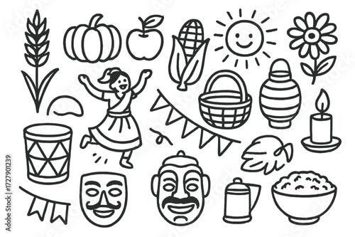 Harvest Festival Doodle. Hand-drawn doodle illustration harvest festivals wheat stalk, pumpkin, apple, corn, basket, sun, flower, drum, dancer, flag, banner,