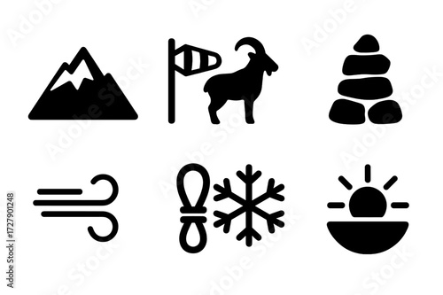 Highland Winds Icon Set. Solid, filled icon set of highland winds: mountain peak, wind flag, goat silhouette, stone cairn, gust path, climbing rope, frost