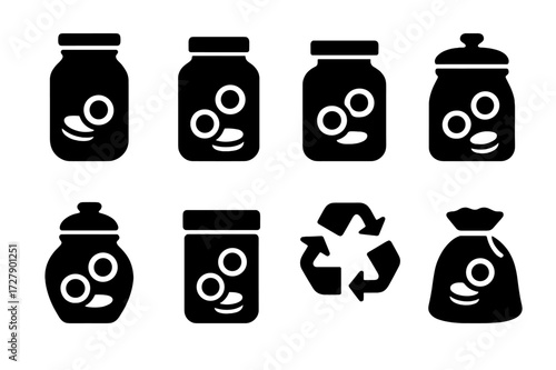 Tip Jar Icons. Solid, filled icon set of tip jar materials: glass, plastic, metal, wood, ceramic, acrylic, recycled materials, fabric pouch. Solid, filled