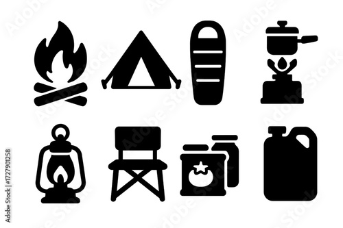 Expedition Camp Icons. Solid, filled icon set of expedition camp setup: campfire, tent, sleeping bag, cooking stove, lantern, camp chair, food supplies, water