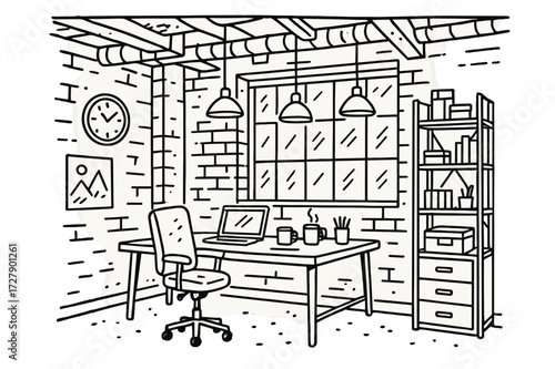 Modern Loft Workspace. Hand-drawn doodle illustration [modern industrial loft workspace] [loft desk, swivel chair, hanging lights, large window, metal shelves,