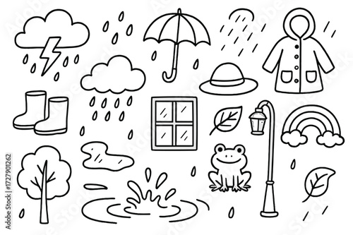 Stormy Weather Doodle. Hand-drawn doodle illustration Stormy weather Cloud, lightning, raindrops, umbrella, raincoat, boots, puddle, window, hat, tree, water