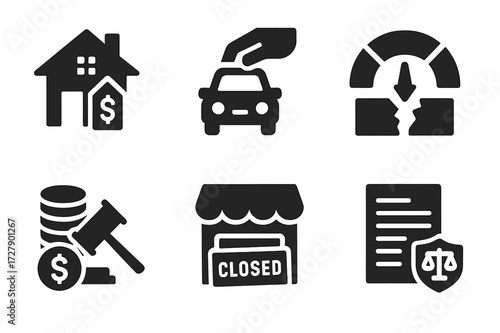 Bankruptcy Icons Set. Solid, filled icon set of bankruptcy consequences: foreclosure, repossession, credit score drop, debt settlement, liquidation, closed