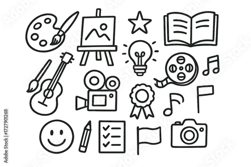 Creative Doodle Medley. Hand-drawn doodle illustration creative achievements paintbrush, palette, canvas, book, guitar, star, light bulb, film reel, music