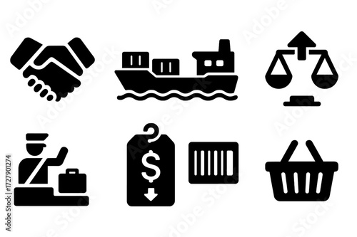 Trade and Commerce Icons. Solid, filled icon set of trade and commerce: handshake deal, cargo ship, trade balance, export box, customs check, tariffs, barcode